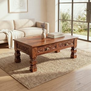 Solid wood carved coffee table with drawers in modern living room