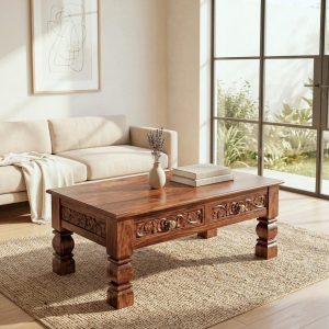 Solid wood carved coffee table with drawers in modern living room