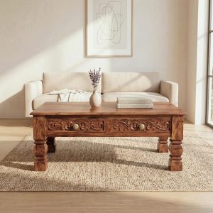 Sheesham wood coffee table with storage drawers and polished finish