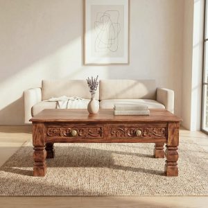 Sheesham wood coffee table with storage drawers and polished finish