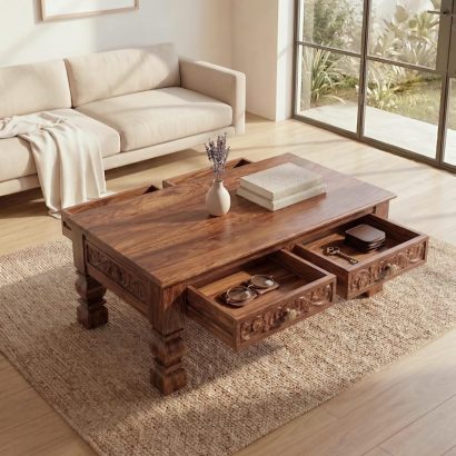Solid wood carved coffee table with drawers in modern living room