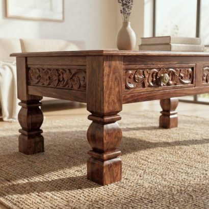 Solid wood carved coffee table with drawers in modern living room