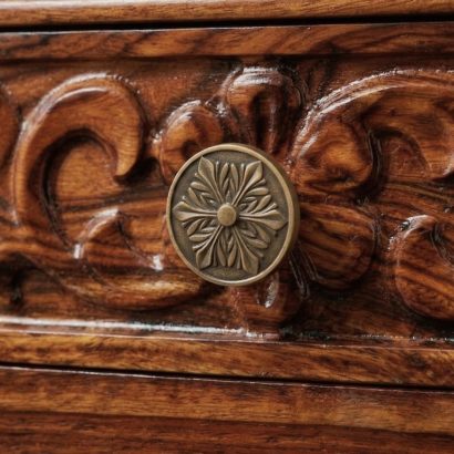 Solid wood carved coffee table with drawers in modern living room