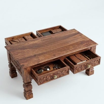 Solid wood carved coffee table with drawers in modern living room