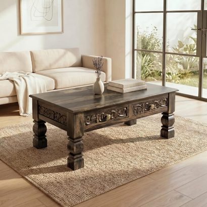 Solid wood carved coffee table with drawers in modern living room