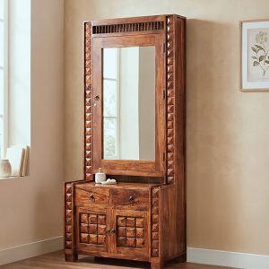 Modern wooden dressing table with large mirror and storage unit