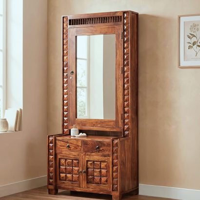 Modern wooden dressing table with large mirror and storage unit