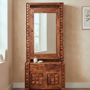 Modern wooden dressing table with large mirror and storage unit