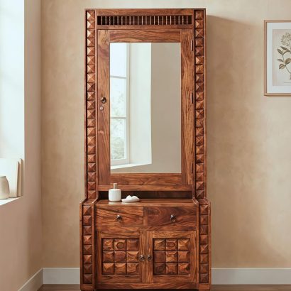 Modern wooden dressing table with large mirror and storage unit