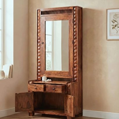 Modern wooden dressing table with large mirror and storage unit