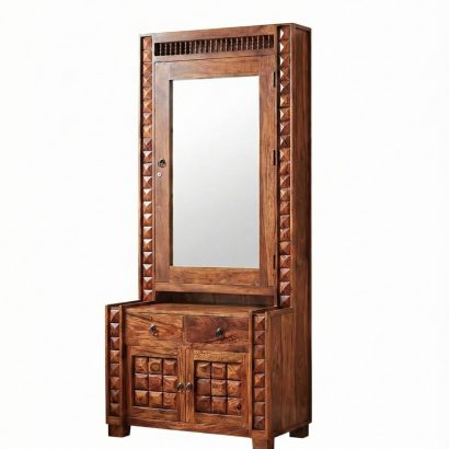 Modern wooden dressing table with large mirror and storage unit