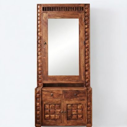 Modern wooden dressing table with large mirror and storage unit