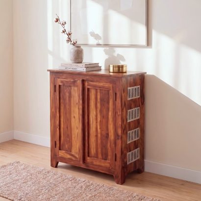 Solid wood shoe cabinet with ventilation and stainless steel jali panels, modern wooden shoe rack with double doors for home