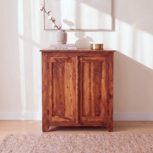 Solid wood shoe cabinet with ventilation and stainless steel jali panels, modern wooden shoe rack with double doors for home