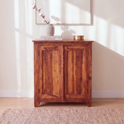 Solid wood shoe cabinet with ventilation and stainless steel jali panels, modern wooden shoe rack with double doors for home