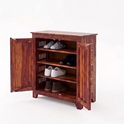 Solid wood shoe cabinet with ventilation and stainless steel jali panels, modern wooden shoe rack with double doors for home