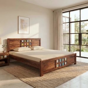 Solid wood bed with tile design in modern bedroom