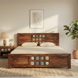 Sheesham wood bed with decorative tile work headboard