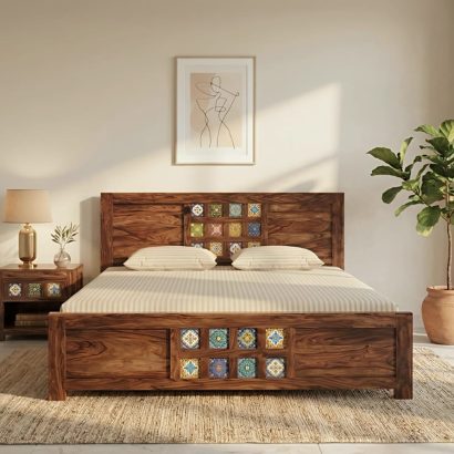 Sheesham wood bed with decorative tile work headboard