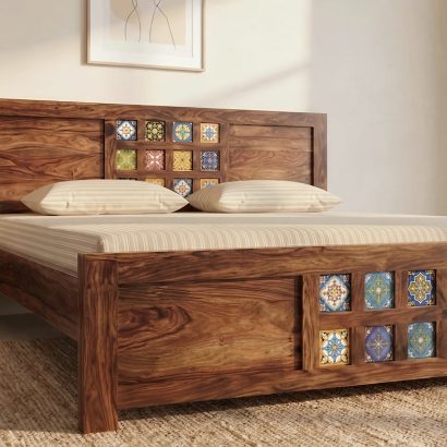 Solid wood designer bed with tile inlay work
