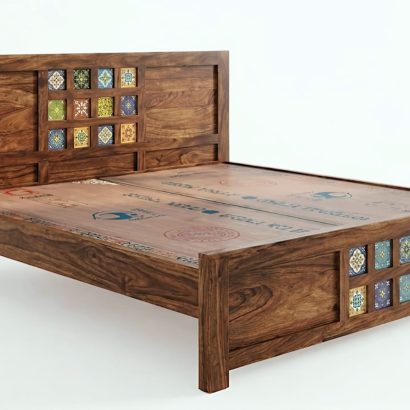Premium Sheesham bed with tile design in stylish interior