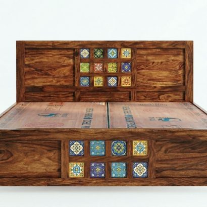 Solid wood designer bed with tile inlay work