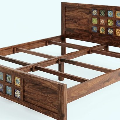 Sheesham wood bed with decorative tile work headboard
