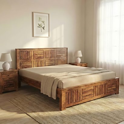 Modern Solid Wood Double Bed with Designer Headboard