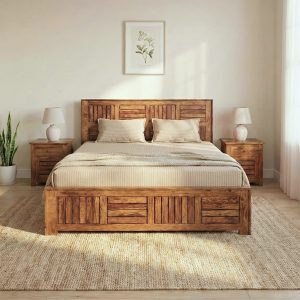 Modern Solid Wood Double Bed with Designer Headboard