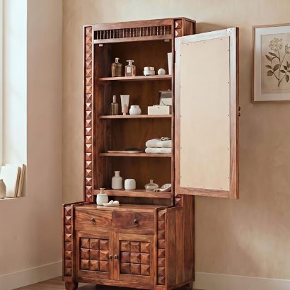 Modern wooden dressing table with large mirror and storage unit