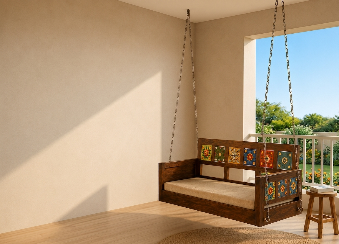 Handcrafted wooden swing banner for living room and balcony decor with traditional tile design and modern seating style