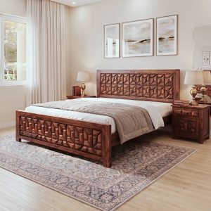 Modern solid wood designer bed with geometric carved headboard and footboard in luxury bedroom interior