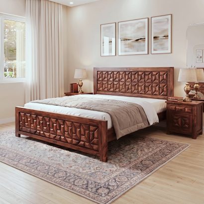 Modern solid wood designer bed with geometric carved headboard and footboard in luxury bedroom interior
