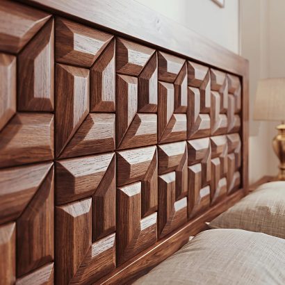 Modern solid wood designer bed with geometric carved headboard and footboard in luxury bedroom interior