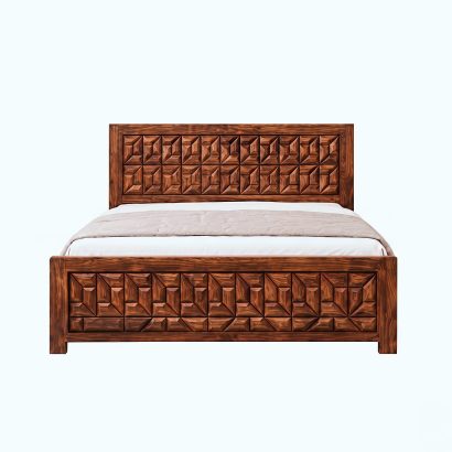 Modern solid wood designer bed with geometric carved headboard and footboard in luxury bedroom interior