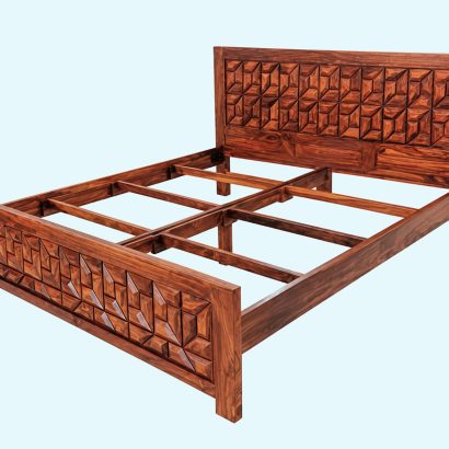 Modern solid wood designer bed with geometric carved headboard and footboard in luxury bedroom interior