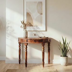 Modern solid wood console table with drawer and elegant turned legs in stylish home interior