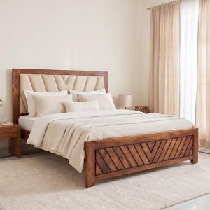 Premium solid wood upholstered bed with cushioned headboard and elegant modern bedroom interior