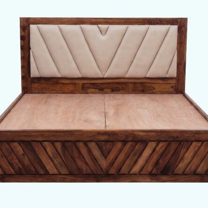 Premium solid wood upholstered bed with cushioned headboard and elegant modern bedroom interior