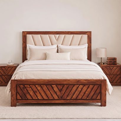 Premium solid wood upholstered bed with cushioned headboard and elegant modern bedroom interior