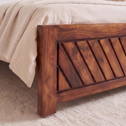Premium solid wood upholstered bed with cushioned headboard and elegant modern bedroom interior