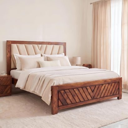 Premium solid wood upholstered bed with cushioned headboard and elegant modern bedroom interior