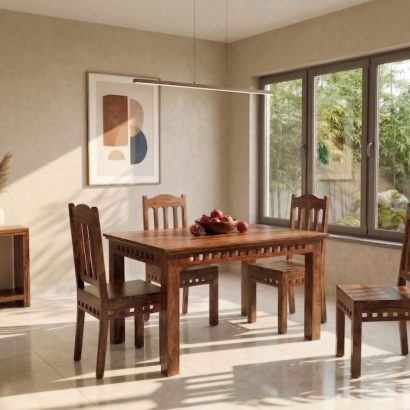 Solid Sheesham Wood Kuber 4 Seater Dining Table Set in Natural Finish - ShivamWood.in Hyderabad