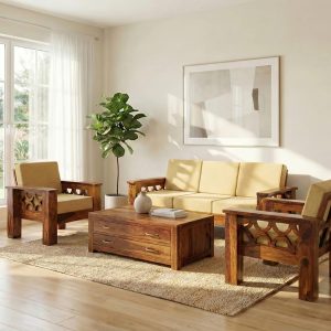 Solid Wood Sofa Set with Geometric Carved Arms - Sheesham Wood