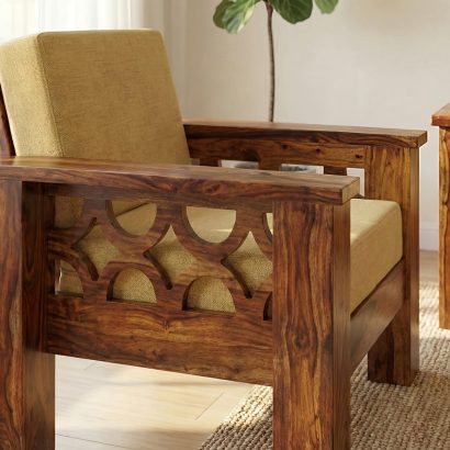 Solid Wood Sofa Set with Geometric Carved Arms - Sheesham Wood