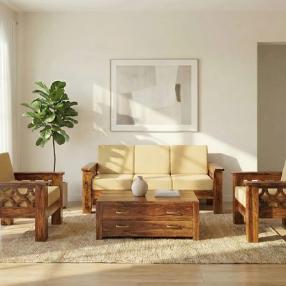 Solid Wood Sofa Set with Geometric Carved Arms - Sheesham Wood