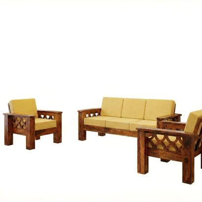 Solid Wood Sofa Set with Geometric Carved Arms - Sheesham Wood