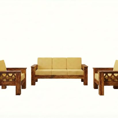 Solid Wood Sofa Set with Geometric Carved Arms - Sheesham Wood