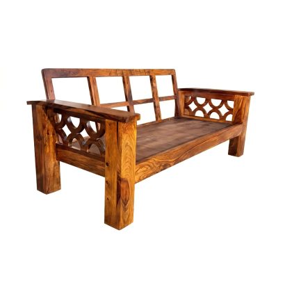 Solid Wood Sofa Set with Geometric Carved Arms - Sheesham Wood