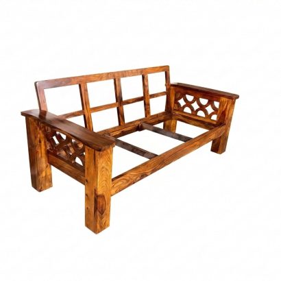 Solid Wood Sofa Set with Geometric Carved Arms - Sheesham Wood
